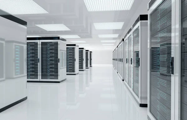 White servers center room with computers and storage systems 3D — Stock Photo, Image