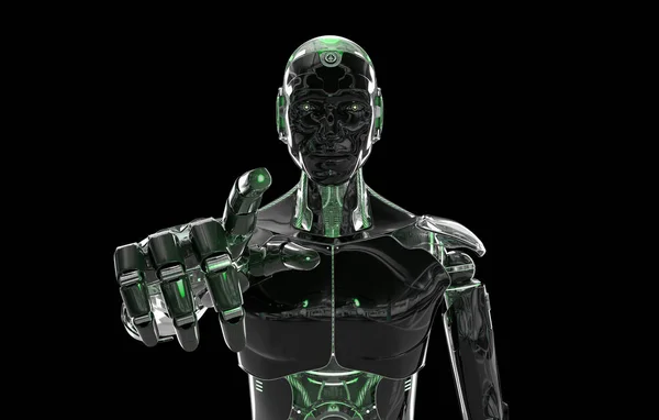 Robot cyborg inteligente negro y verde apuntando con el dedo a la oscuridad —  Fotos de Stock