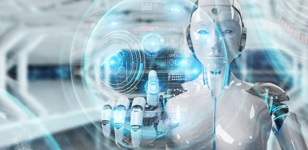 Bílý humanoidní robot používající digitální technologické rozhraní s — Stock fotografie