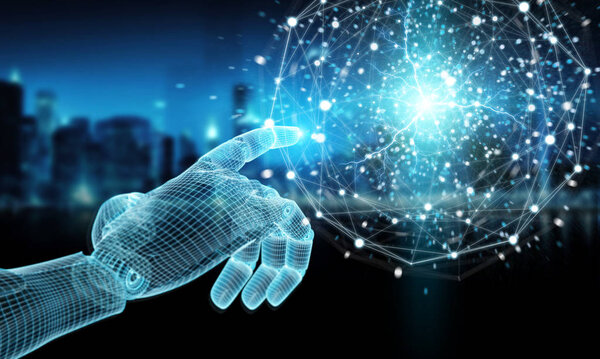 Проволочная синяя рука робота трогает цифровую сферу в 3D ре
