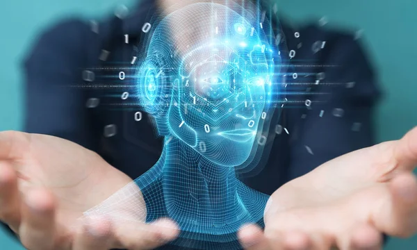Kvinna som använder digital artificiell intelligens huvudgränssnitt 3D re — Stockfoto
