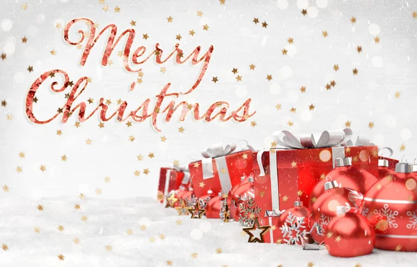 Pozdrowienia kartka świąteczna z bombkami i prezenty na śniegu 3d rende — Zdjęcie stockowe