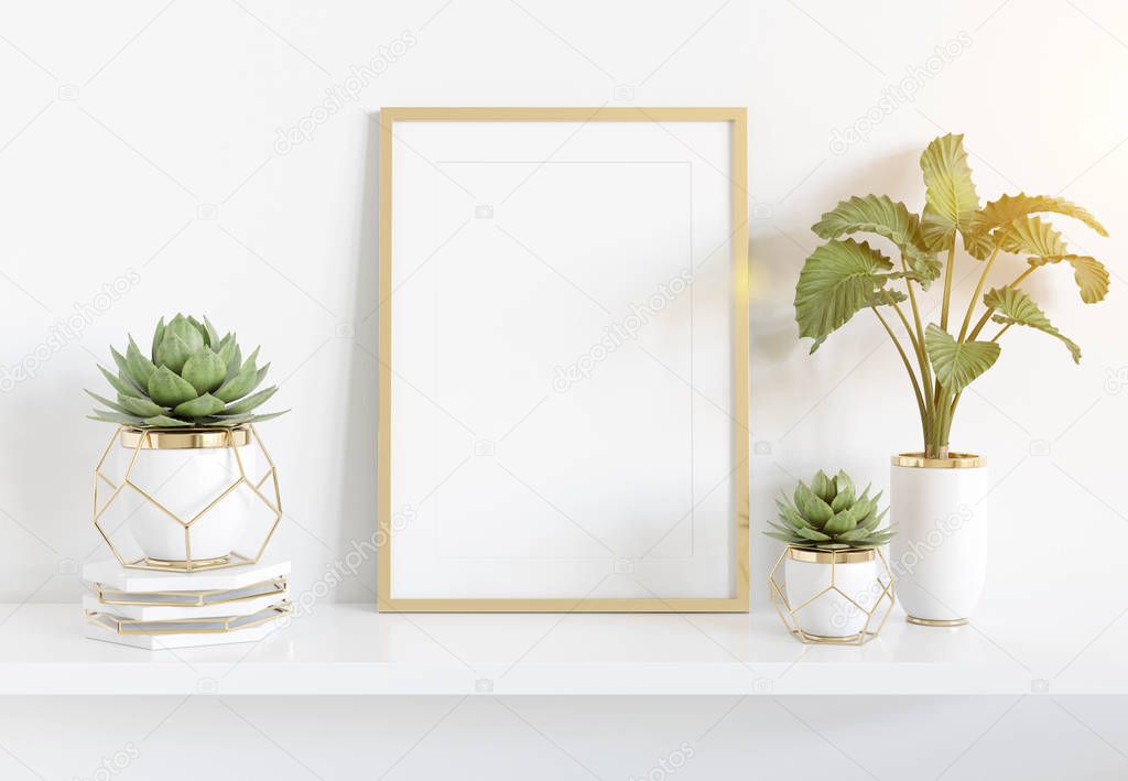 Frame leaning on white shelve in bright interior with plants and
