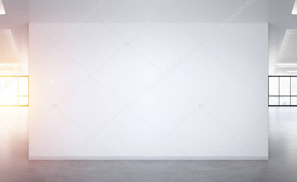 Blank wall in bright office mockup with large windows and sun passing through 3D rendering