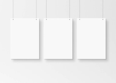 Duvarda asılı duran iplerle izole edilmiş beyaz poster 3d rende