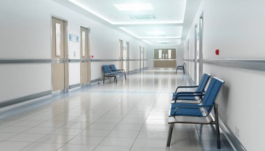 Oda ve koltuk 3d render ile uzun hastane parlak koridor