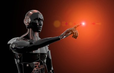 Black and red intelligent robot cyborg pointing finger on dark 3 clipart