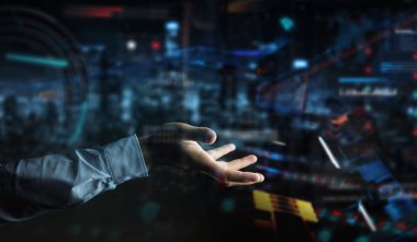 Verileri 3D ile dijital teknolojik arayüz kullanan işadamı 