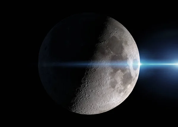 Kilátás-ból egy fél Hold-ban hely-val csillagok 3D visszaadás elemek o — Stock Fotó