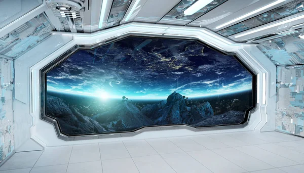 白色蓝色太空飞船未来派内部与窗口看法在 pla — 图库照片