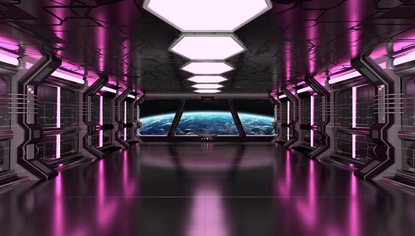 Dark pink spaceship futuristic interior with window view on plan