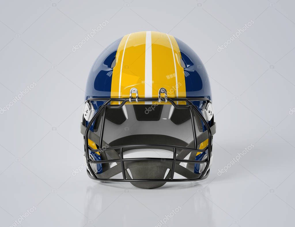 Blue and yellow American football helmet isolated on grey background mockup 3D rendering