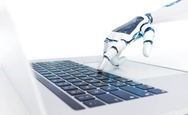 Beyaz robot cyborg el laptop 3d rende üzerinde bir klavye tuşuna basarak
