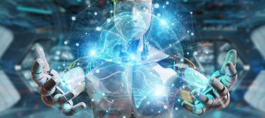 Beyaz robot kullanarak ağ hologram Amerika ABD ile dünya harita 3d