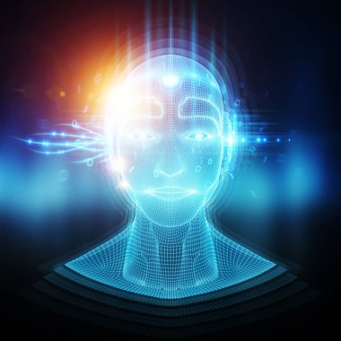 Robot cyborg man head artificial intelligence learning 3D render clipart