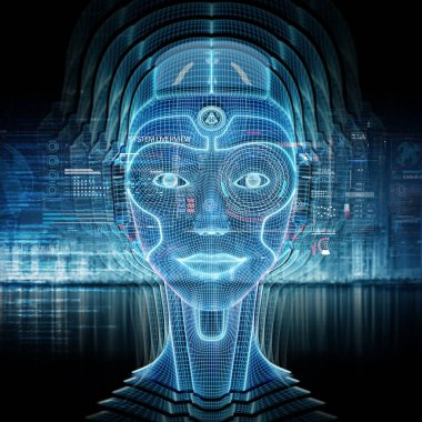 Bir robot cyborg baş kavramı 3d render ile akıllı makine