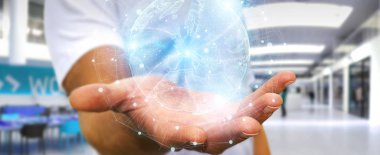 Avrupa harita küre ağ hologram 3d render kullanarak İşadamı