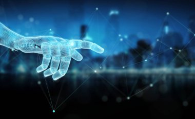 Wireframed mavi robot el karanlık b dijital bağlantıda dokunmadan