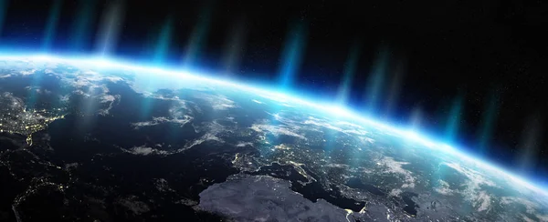 มุมมองของดาวเคราะห์สีฟ้าโลกในอวกาศองค์ประกอบการแสดงผล 3 มิติของนี้ — ภาพถ่ายสต็อก