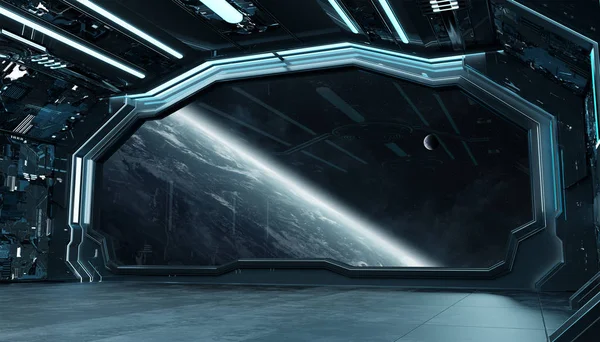 Futurystyczne wnętrza ciemny niebieski statek kosmiczny z okna widok na plan — Zdjęcie stockowe