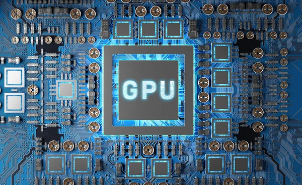 Vista de perto de um cartão GPU moderno com renderização 3D de circuito — Fotografia de Stock