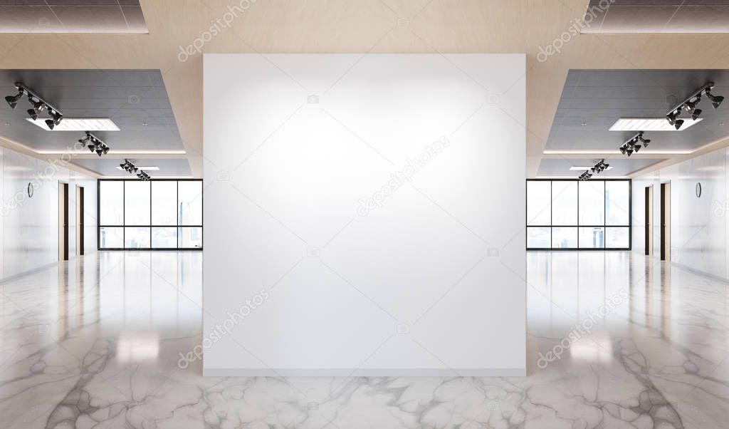 Blank wall in marble and wooden office mockup with large windows