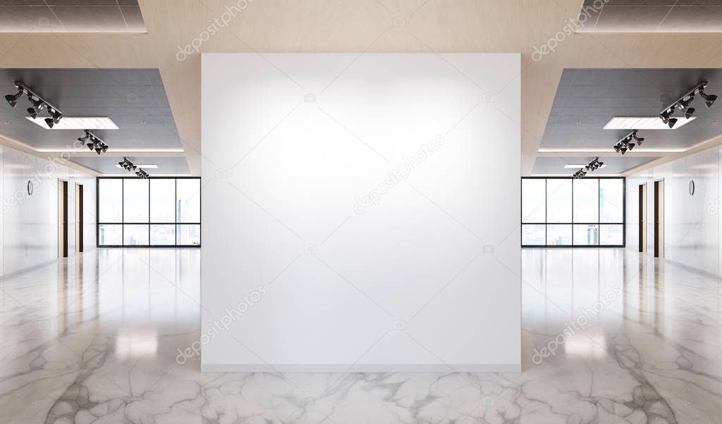 Blank wall in bright marble and wooden office mockup with large windows and sun passing through 3D rendering