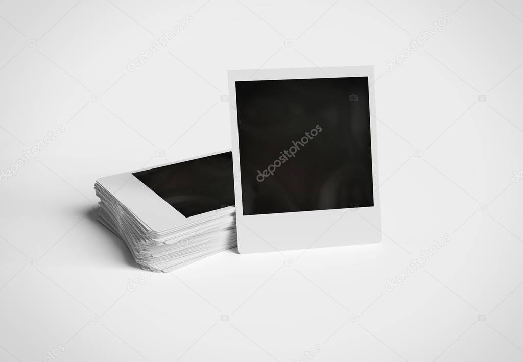 Stack of instant photos on white surface 3D rendering