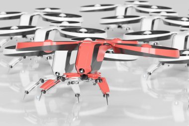 Beyaz arka planda beyaz dronları yönlendiren kırmızı dron 3D görüntüleme