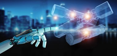 Robot el ele tutuşup yeşil yenilenebilir enerji bataryası 3 'e dokunuyor.