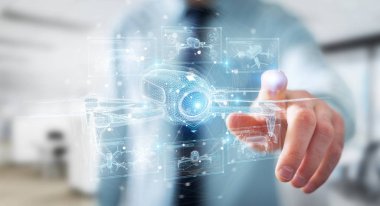 İş adamı holografik dron projeksiyonunu tutuyor ve dokunuyor