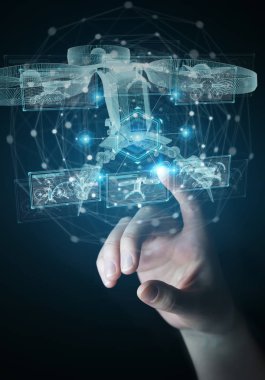 İş adamı holografik dron projeksiyonunu tutuyor ve dokunuyor