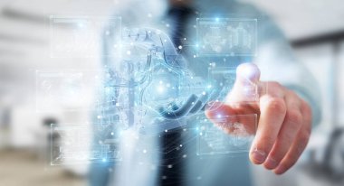 İşadamı, kablolu holografik dijital p 'yi tutuyor ve dokunuyor.