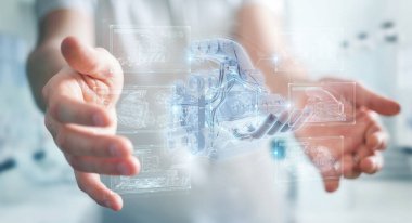 İşadamı, kablolu holografik dijital p 'yi tutuyor ve dokunuyor.