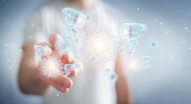 V ile nanorobot holografik projeksiyonu tutan ve dokunan adam