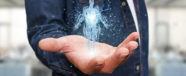 Dijital x-ray kullanan adam, insan vücudu holografik tarama projeksiyonu 3