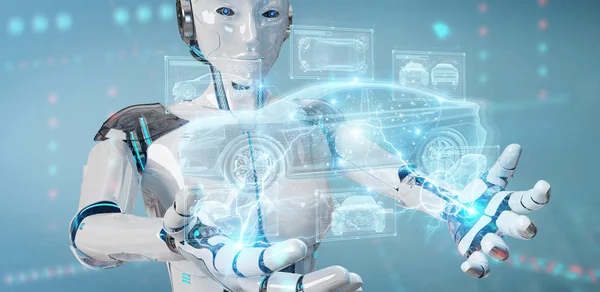 Robot care deține și atinge interfața holografică a mașinii inteligente proje — Fotografie, imagine de stoc