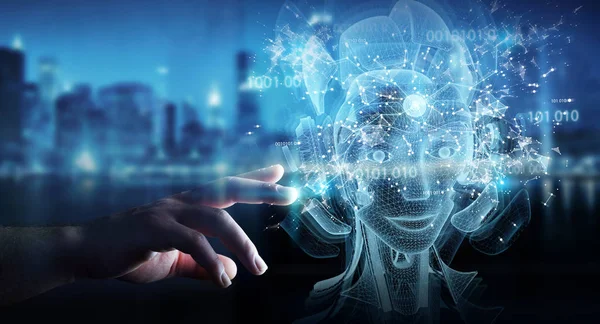 Człowiek ręka za pomocą cyfrowej sztucznej inteligencji holograficzne proje — Zdjęcie stockowe
