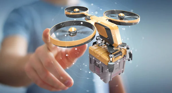 Empresario sosteniendo y tocando el dron de entrega en su mano 3D r —  Fotos de Stock