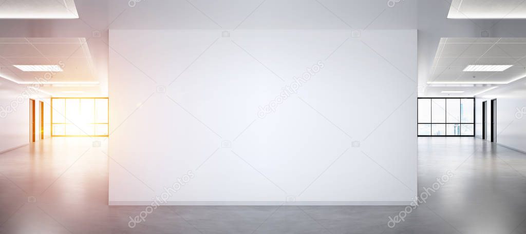 Blank wall in bright office mockup with large windows and sun passing through 3D rendering