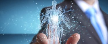 Dijital x-ray kullanan adam, insan vücudu holografik tarama projeksiyonu 3