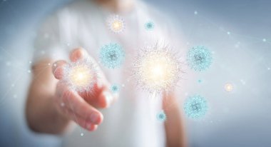 Dijital holografik projeksiyonla bakterileri analiz eden adam.