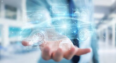 Adam tutuyor ve holografik akıllı araba arayüzü projesine dokunuyor