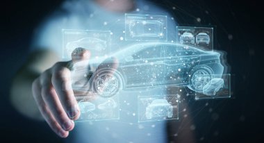 Adam tutuyor ve holografik akıllı araba arayüzü projesine dokunuyor