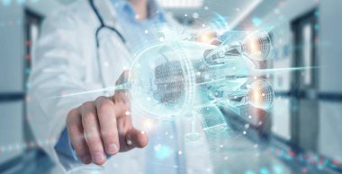 Hologafhic uzay gemisi projeksiyonuna dokunan bilim adamı.