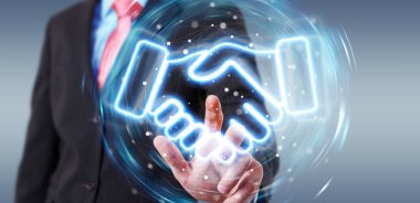 Ortaklık neon mavi arayüzü kullanan adam 3D görüntüleme