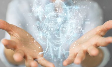 Dijital yapay zeka holografik projesini kullanan kadın