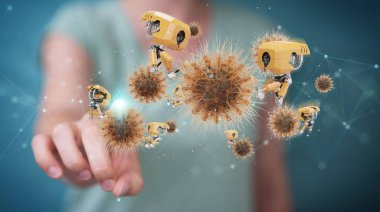 Woman holding and touching futuristic nanorobot working on virus