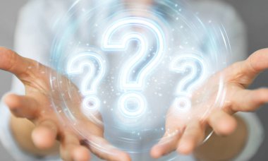 Woman using digital question marks holographic interface 3D rend