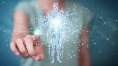 Woman using digital x-ray human body holographic scan projection
